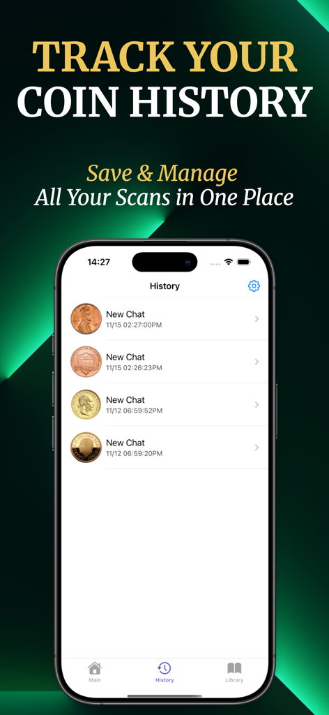 Coin Scanner - Coinx - Pantalla de la aplicación móvil que muestra el historial de monedas escaneadas con fechas e imágenes