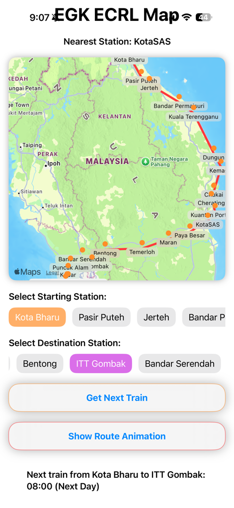 EGK ECRL Map - EGK ECRL Map app screen showing station selection and a map of the rail route in Malaysia