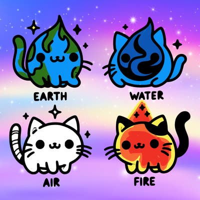 4 cats that represent the different elements, earth, water, air, and fire