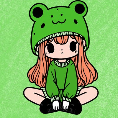 a girl wearing a frog hat and some frog socks