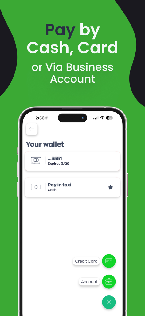 Abetta - Rides & Couriers - Abetta app interface showing digital wallet with payment options for credit card, cash, and business accounts.