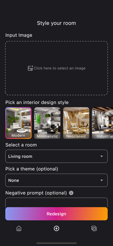RoomStylerAI - Interior Design - Interface of RoomStylerAI app showing room selection and interior design style options