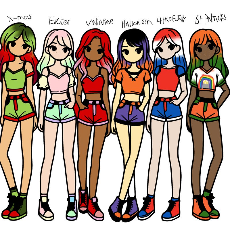 a group of girls wearing crop tops and shorts