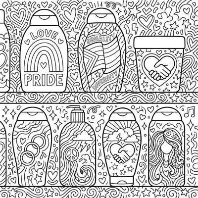 Immerse yourself in a vibrant celebration of love and diversity with this unique Pride-themed conditioner coloring page. Each bottle features powerful symbols of equality, making it a perfect activity to honor Pride Month.