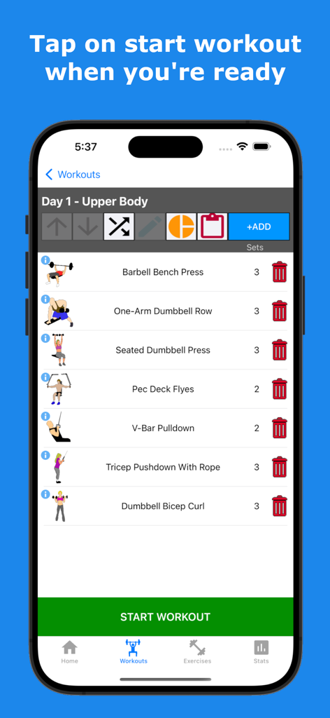 Gains - Gym Workout Plan & Log - Pantalla de iPhone que muestra un plan de entrenamiento de tren superior del Día 1 con ejercicios como press de banca y remo con mancuernas y un gran botón verde Iniciar Entrenamiento
