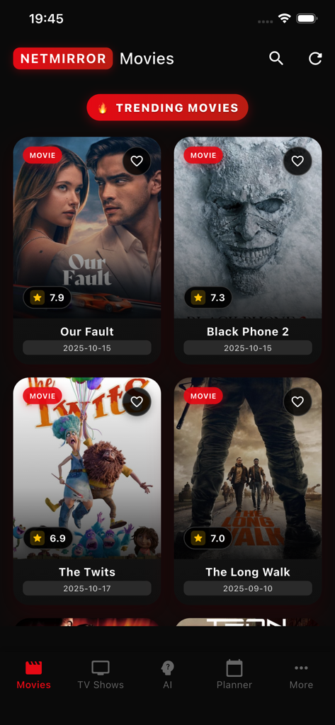 NetMirror app interface showing a list of trending movies with ratings and release dates in a cinematic dark theme