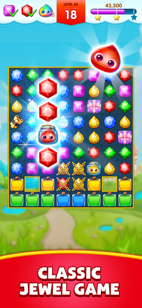 Jewel Legend - Pantalla del juego móvil Jewel Legend mostrando un clásico puzzle match 3 con coloridas joyas brillantes