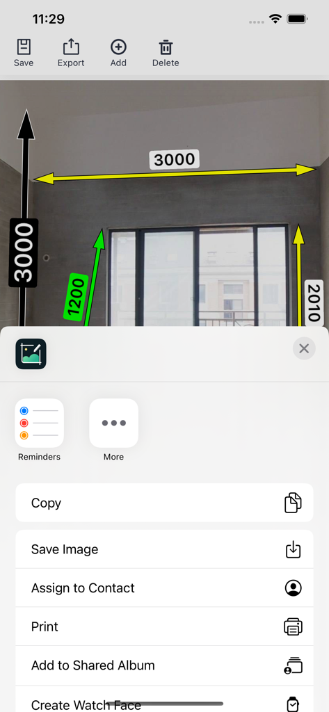 SizeSnap - Markup measurements - Interfaz mostrando opciones de exportación y uso compartido para una foto con marcas de medición