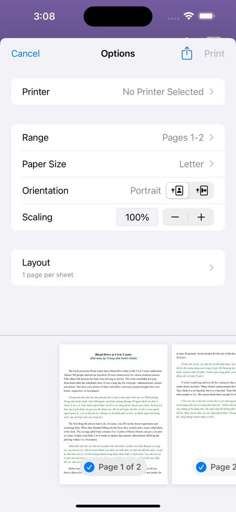 Learn English By Stories + - iOS print settings screen showing a bilingual English learning story preview with options for range and paper size