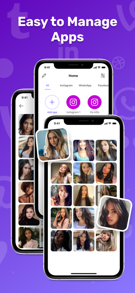 Parallel Space - Dual Account - Oberfläche der Parallel Space App, die doppelte Instagram-Konten und eine Fotogalerie auf dem iPhone zeigt
