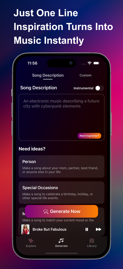 Sonic AI Songs & Music Maker - Pantalla de la aplicación Sonic AI que muestra un cuadro de texto para generar música personalizada a partir de una descripción.