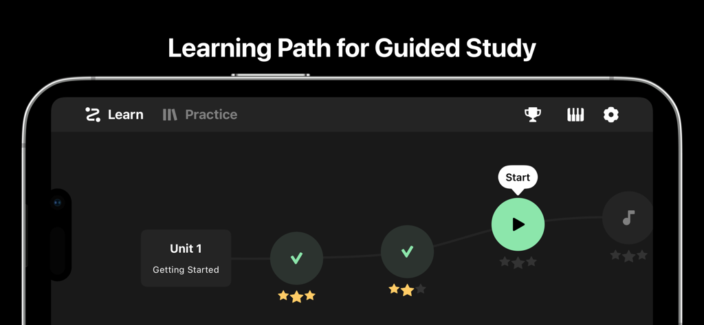Chet app interface showing a guided music theory learning path with progress stars and units