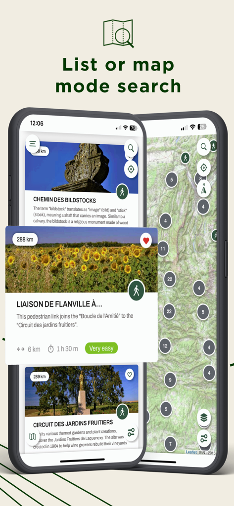 Smartphone screens displaying the MaRando app trail search in list and map modes