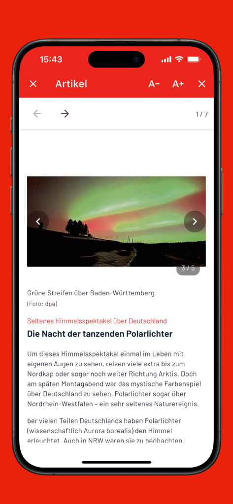 A mobile screen showing a news article about the northern lights in the EXPRESS E-Paper app