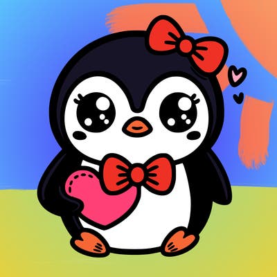 cute penguin with bow tie holding heart