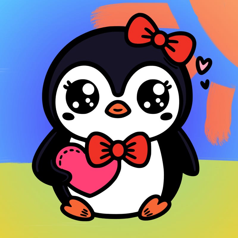 cute penguin with bow tie holding heart