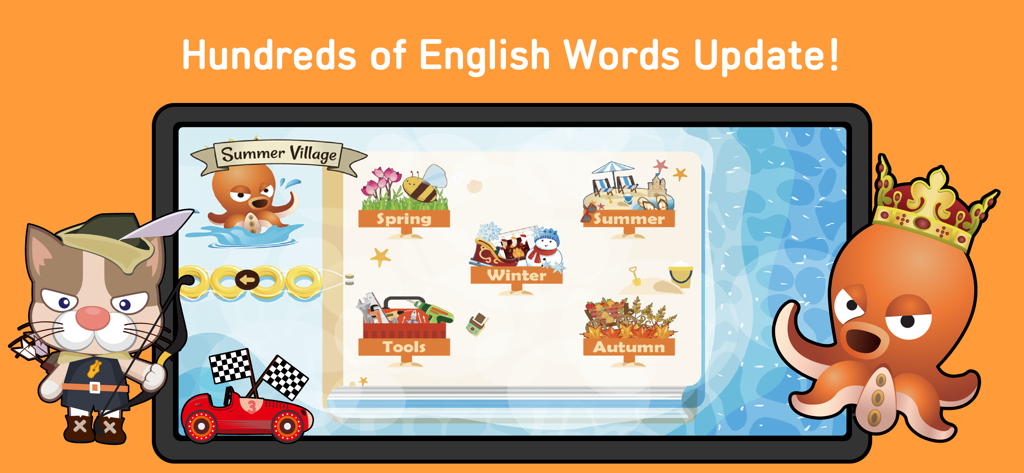 English Study Step 1 - Capture d'écran de l'application English Study Step 1 montrant des catégories de vocabulaire comme les saisons et les outils avec des personnages de dessin animé