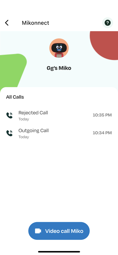 Miko - Play, Learn, & Connect - The Mikonnect interface showing call history and a video call button for the Miko robot