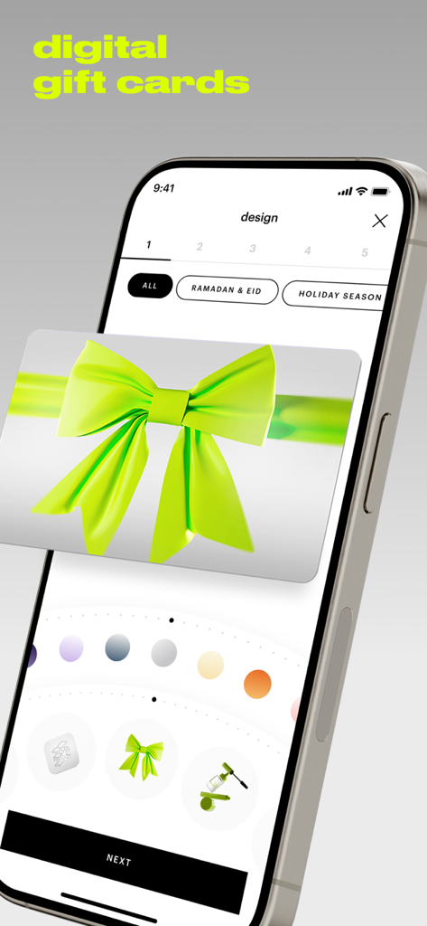 Gold Apple: beauty store - Mobile interface for designing a digital gift card with a lime green bow in the Gold Apple beauty app