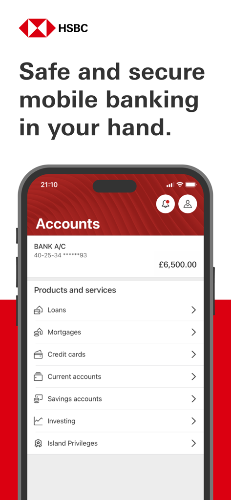 HSBC CI & IoM - HSBC CI and IoM mobile banking app accounts overview screen