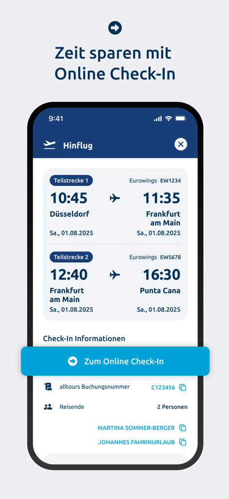 mein alltours - Mein alltours app interface for online check in and flight details