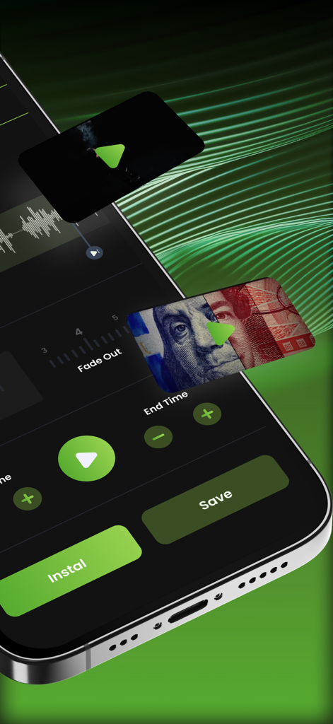 Interface of the RingForge app showing audio editing tools and video to audio extraction features on a smartphone screen.