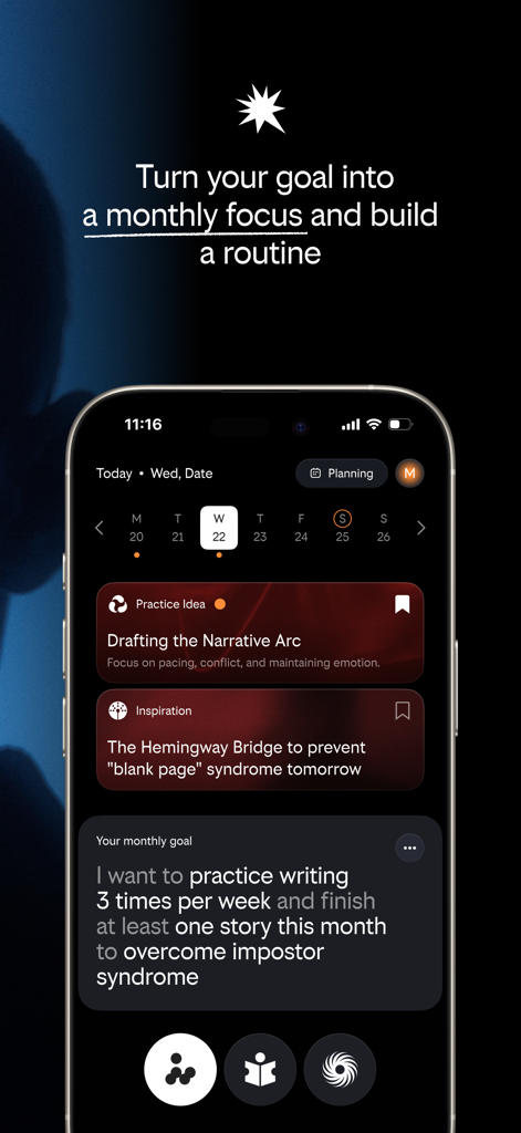 Journey Now - A smartphone showing the Journey Now app interface with a monthly writing goal and daily practice suggestions.