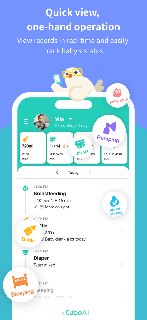 Baby Diary Tracker Log -CuboAi - A mobile interface of the Baby Diary Tracker app showing logs for feeding, diaper changes, and sleep
