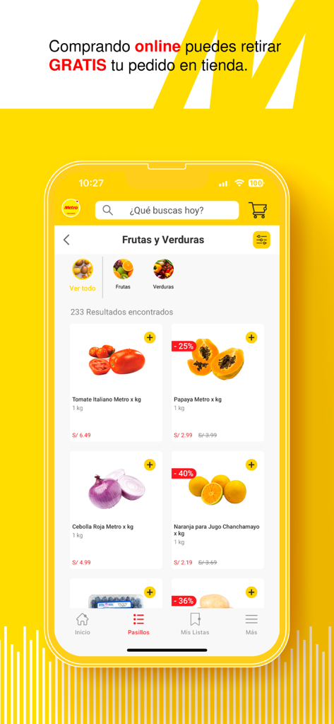Supermercados Metro - Supermercados Metro app interface showing fresh produce section with discount tags and store pickup information