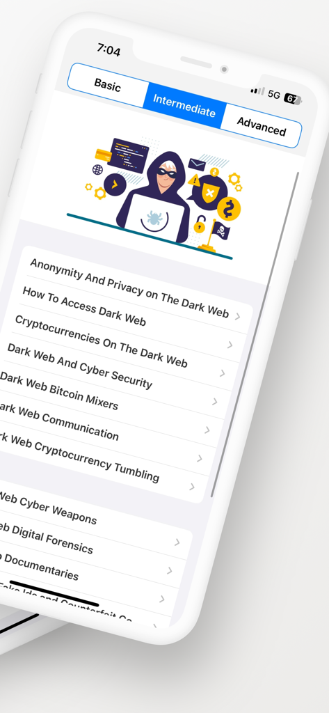 다크 웹 가이드 앱 인터페이스는 중급 사이버 보안 및 개인 정보 보호 교육 주제를 표시합니다.