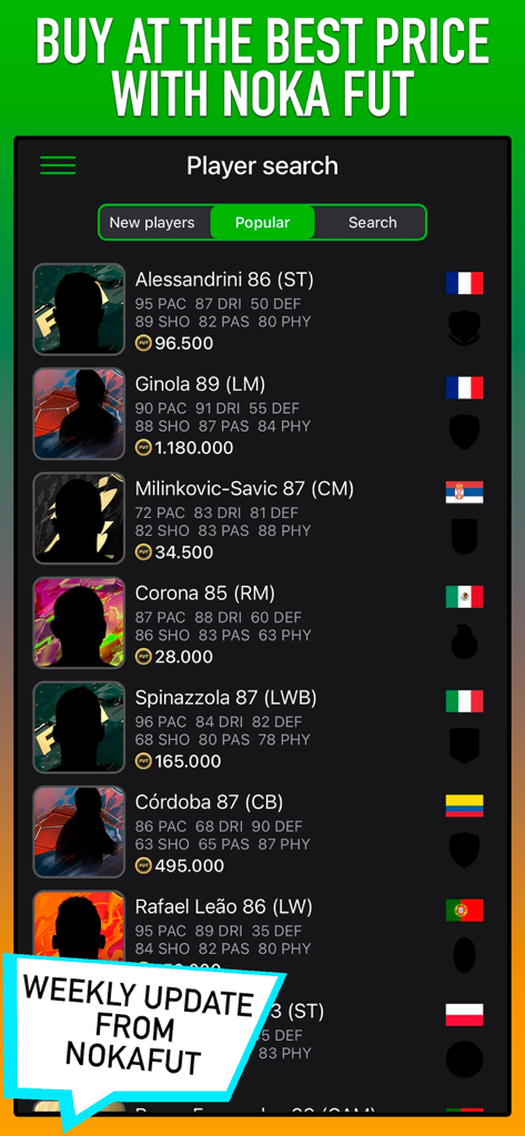 Mobile app interface of NOKA FUT FC 26 showing a list of popular soccer player cards with stats and coin prices