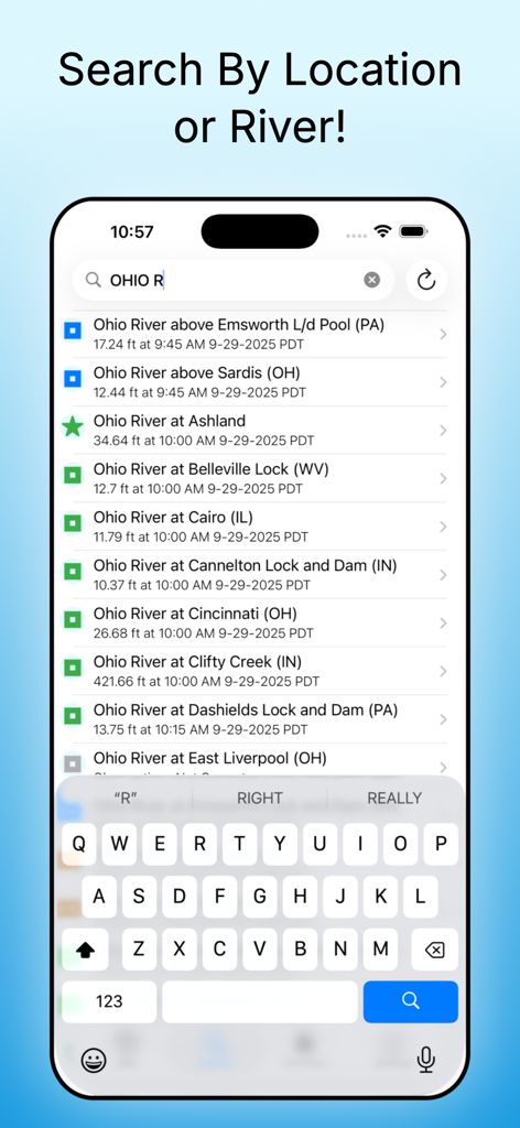 Rivercast app search interface displaying real-time water levels and data for various locations along the Ohio River