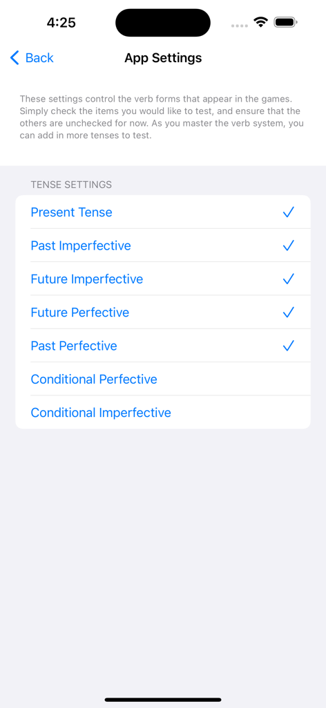 Polish Verb Blitzアプリの設定画面。ドリルで練習する特定の動詞時制を選択するためのものです。