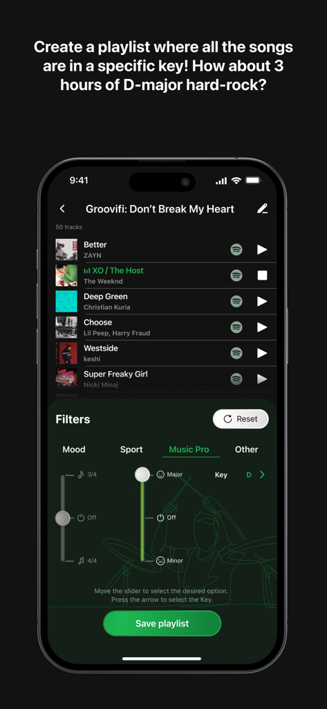 Groovifi mobile app interface showing professional music filters for song key and major or minor mode