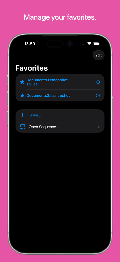 Disk Graph app screenshot showing the favorites list of disk snapshots for storage analysis.