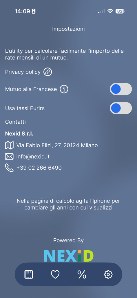Easy Mortgage - The settings menu of the Easy Mortgage app displaying developer contact information and calculation toggles