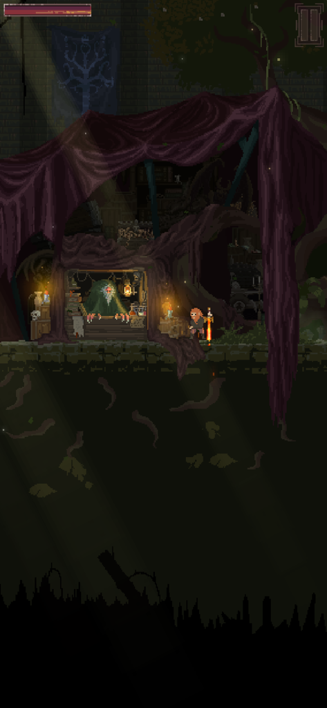 Dungeons & Miners - A pixel art adventurer character interacting with a shopkeeper under a purple canopy in a dark dungeon