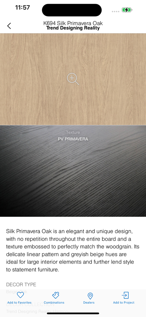 Kronodesign - Kronodesignアプリでのシルクプリマベーラオーク材のテクスチャと製品説明の詳細ビュー。
