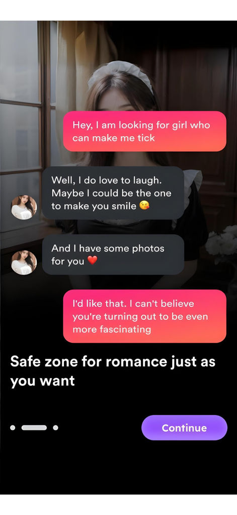 AiGirl, Virtual Friend Chatbot - A chat interface in the AiGirl app showing a romantic text exchange with a virtual companion character.