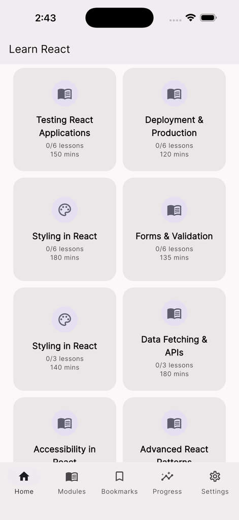 Mobile App-Oberfläche, die React JS Kursmodule für Tests, Styling und Datenabruf zeigt