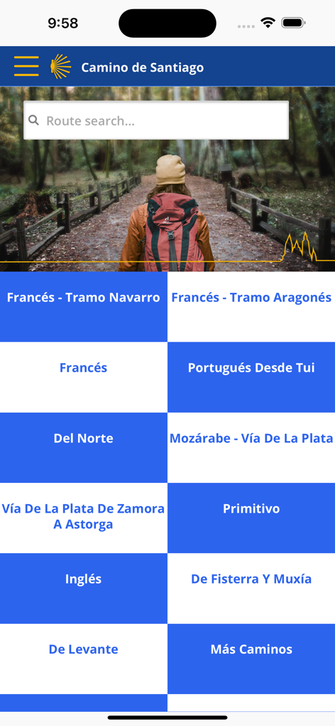 Caminos de Santiago - Interfaccia principale dell'app Camino de Santiago che mostra una barra di ricerca e una griglia di vari percorsi di pellegrinaggio
