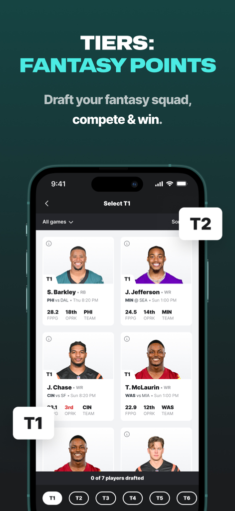 Splash Sports | Survivor & DFS - Drafting NFL players in the Splash Sports app Tiers fantasy contest screen.