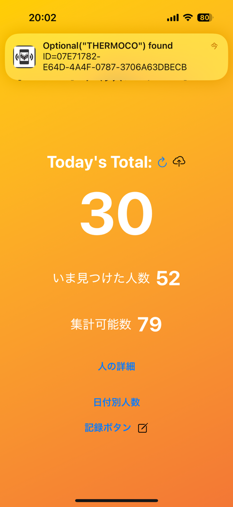 Event People Count - Dashboard der Event People Count App, das eine tägliche Gesamtzahl von dreißig erkannten eindeutigen Bluetooth-Signalen anzeigt