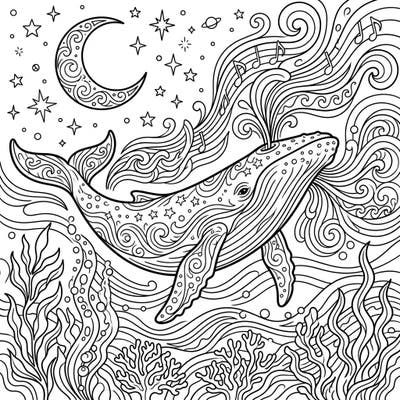 Embark on a tranquil coloring journey with this majestic whale, serenading the night sky with its melodic songs. This detailed illustration captures the beauty of the deep ocean illuminated by the moon and stars, perfect for adult and teen colorists.