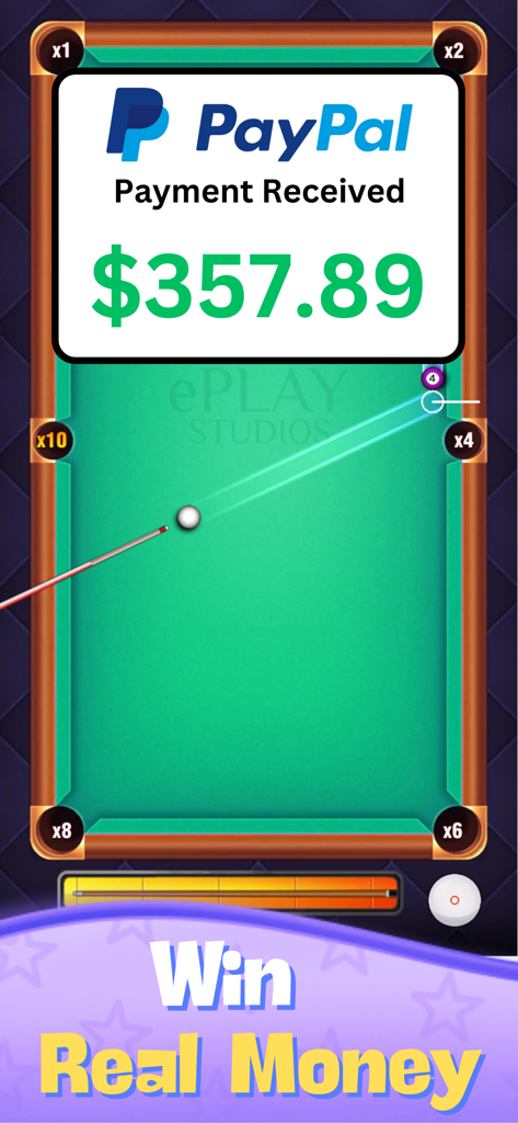 Mobile pool game interface showing a PayPal payment notification for 357 dollars and the text Win Real Money