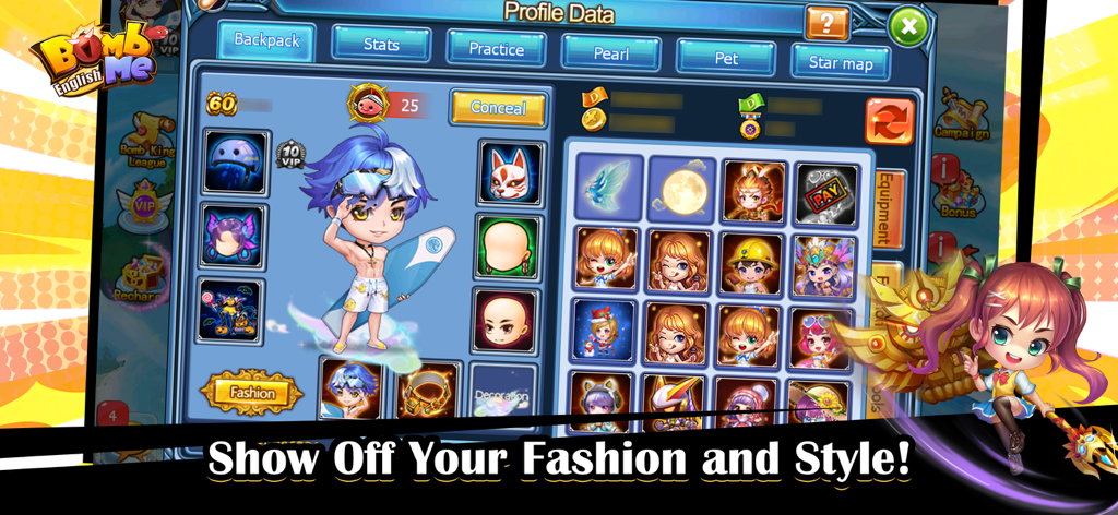 Bomb Me English - Character customization menu in Bomb Me English showing various fashion and style options for anime avatars.