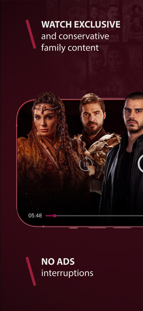 Screenshot of Noor Play app showing historical drama characters and promoting conservative family content with no ads.