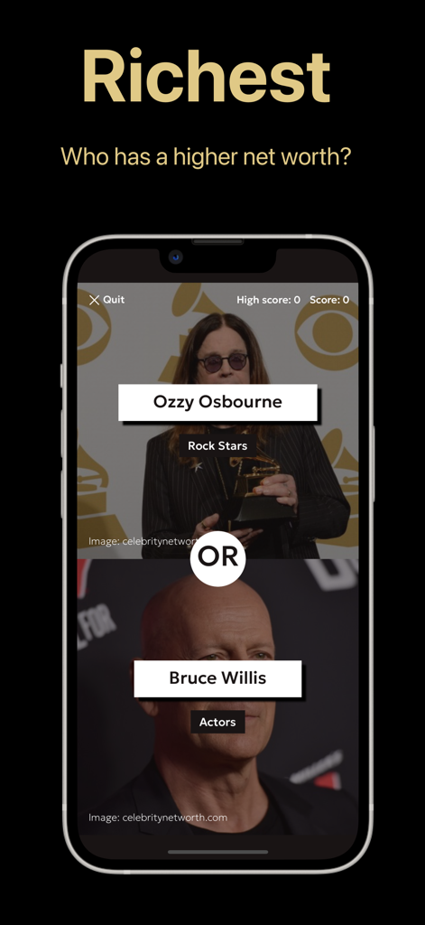 Una pantalla de comparación de celebridades en el juego 'Mayor o Menor' preguntando quién tiene un patrimonio neto mayor entre Ozzy Osbourne y Bruce Willis
