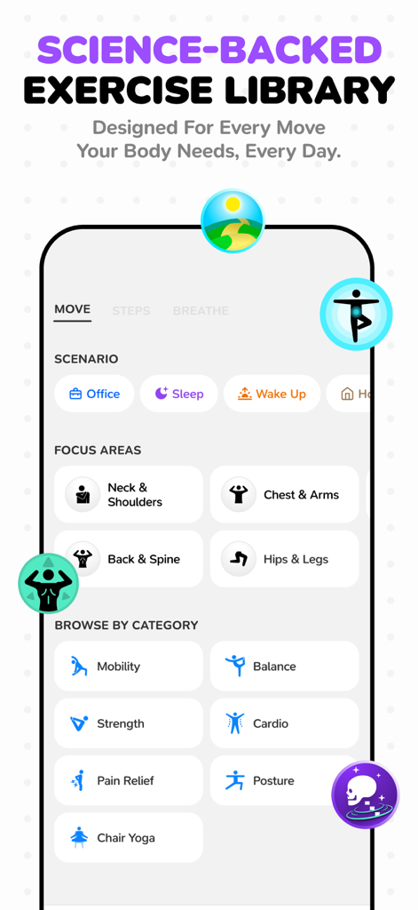 Moova: Hourly Activity Breaks - Pantalla de la aplicación Moova que muestra una biblioteca de ejercicios basada en la ciencia con áreas de enfoque y categorías de entrenamiento.