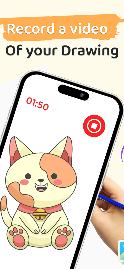 A smartphone screen showing a cat drawing being recorded for a social media process video